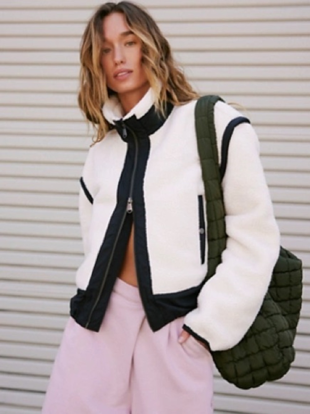 Ivory Free People Movement Courtside Fleece Jacket, Oversized Slouchy XL